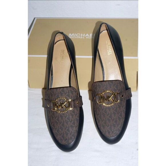 Michael Kors Womens Rory Loafer 6.5M Brown & Black Leather/Canvas Slip-On Shoes - Picture 3 of 7